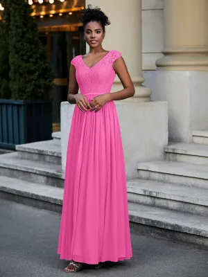 Lace and Chiffon Maxi Dress with Cap Sleeves-Azalea