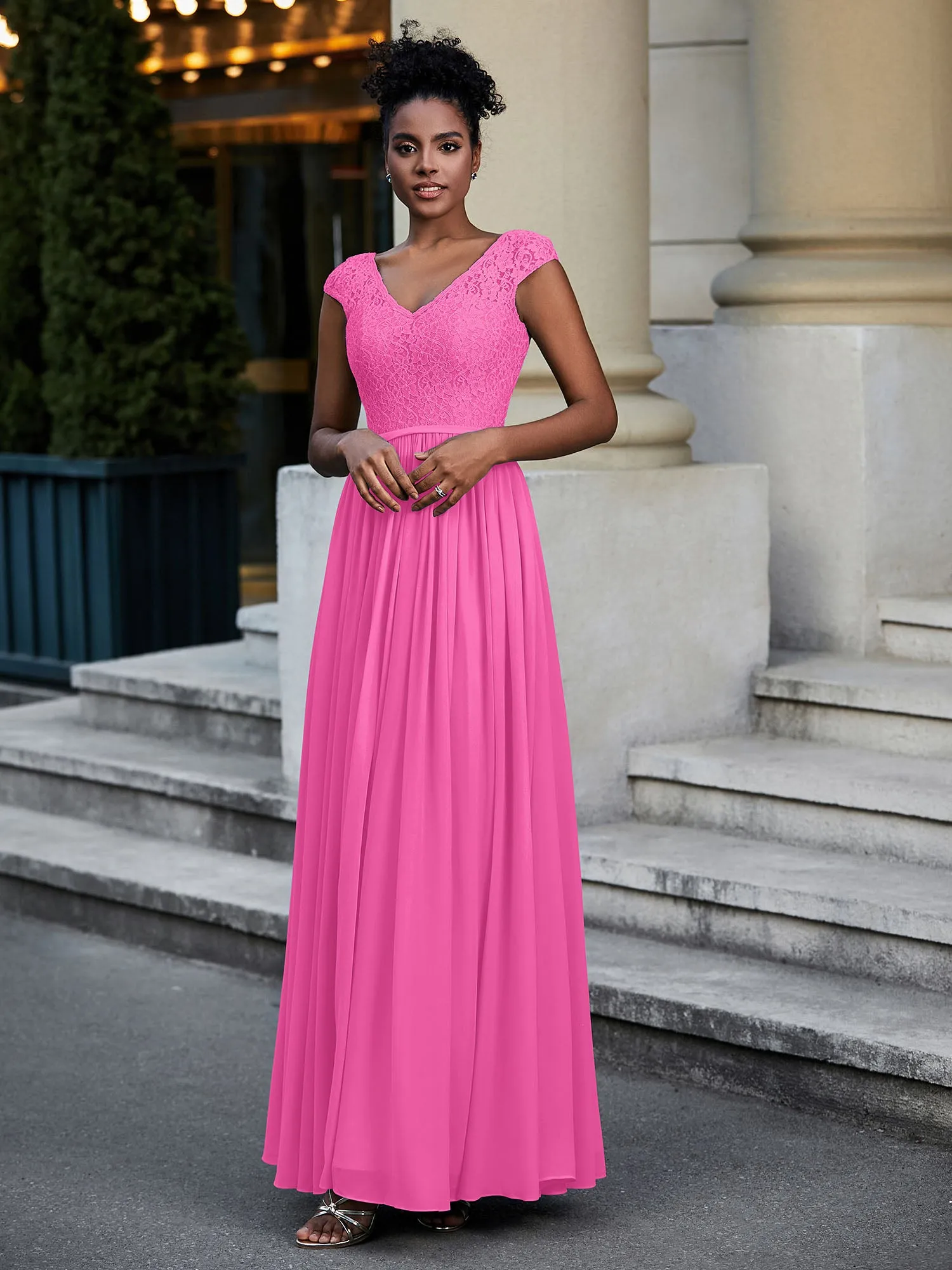 Lace and Chiffon Maxi Dress with Cap Sleeves-Azalea