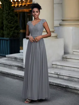 Lace and Chiffon Maxi Dress with Cap Sleeves-Steel Grey Plus Size