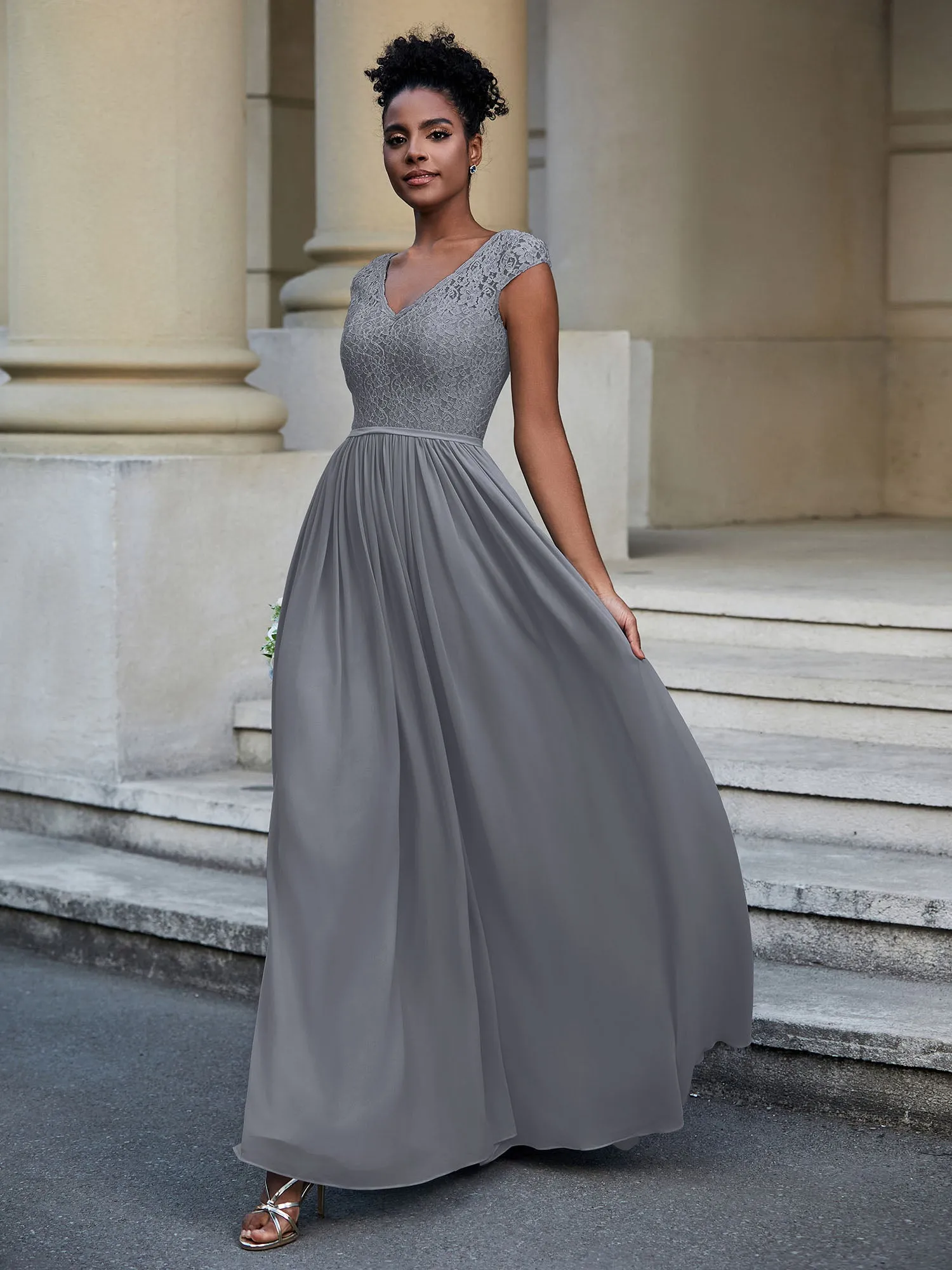 Lace and Chiffon Maxi Dress with Cap Sleeves-Steel Grey Plus Size