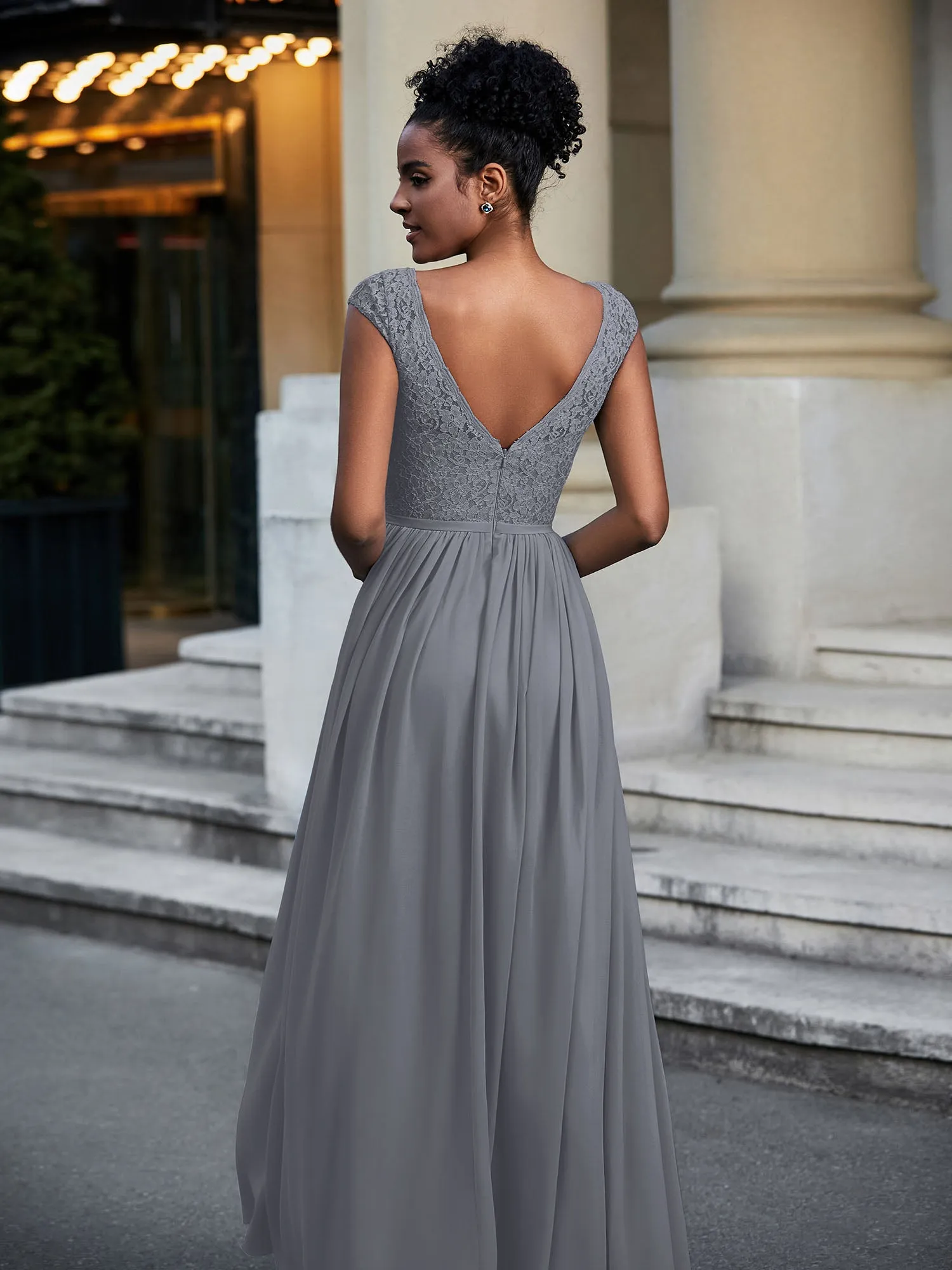 Lace and Chiffon Maxi Dress with Cap Sleeves-Steel Grey Plus Size