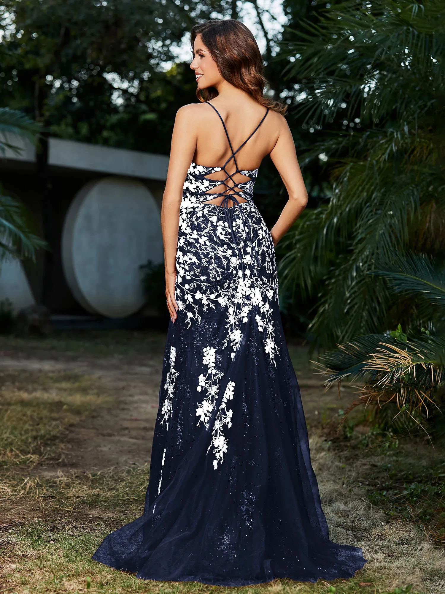 Lace Applique High Slit Fitted Tulle Dress Dark Navy