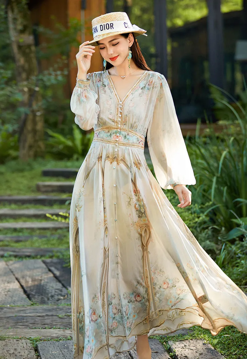 Lantern Sleeve V Neck Printed Long Silk Dress
