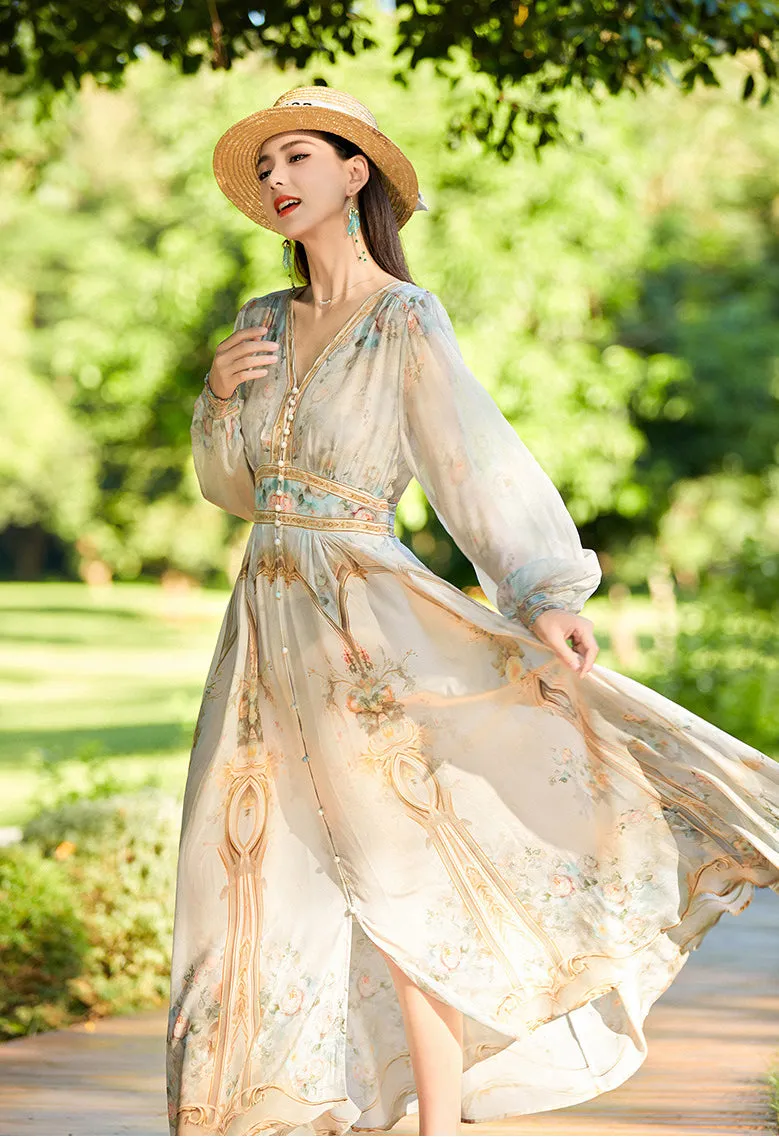 Lantern Sleeve V Neck Printed Long Silk Dress