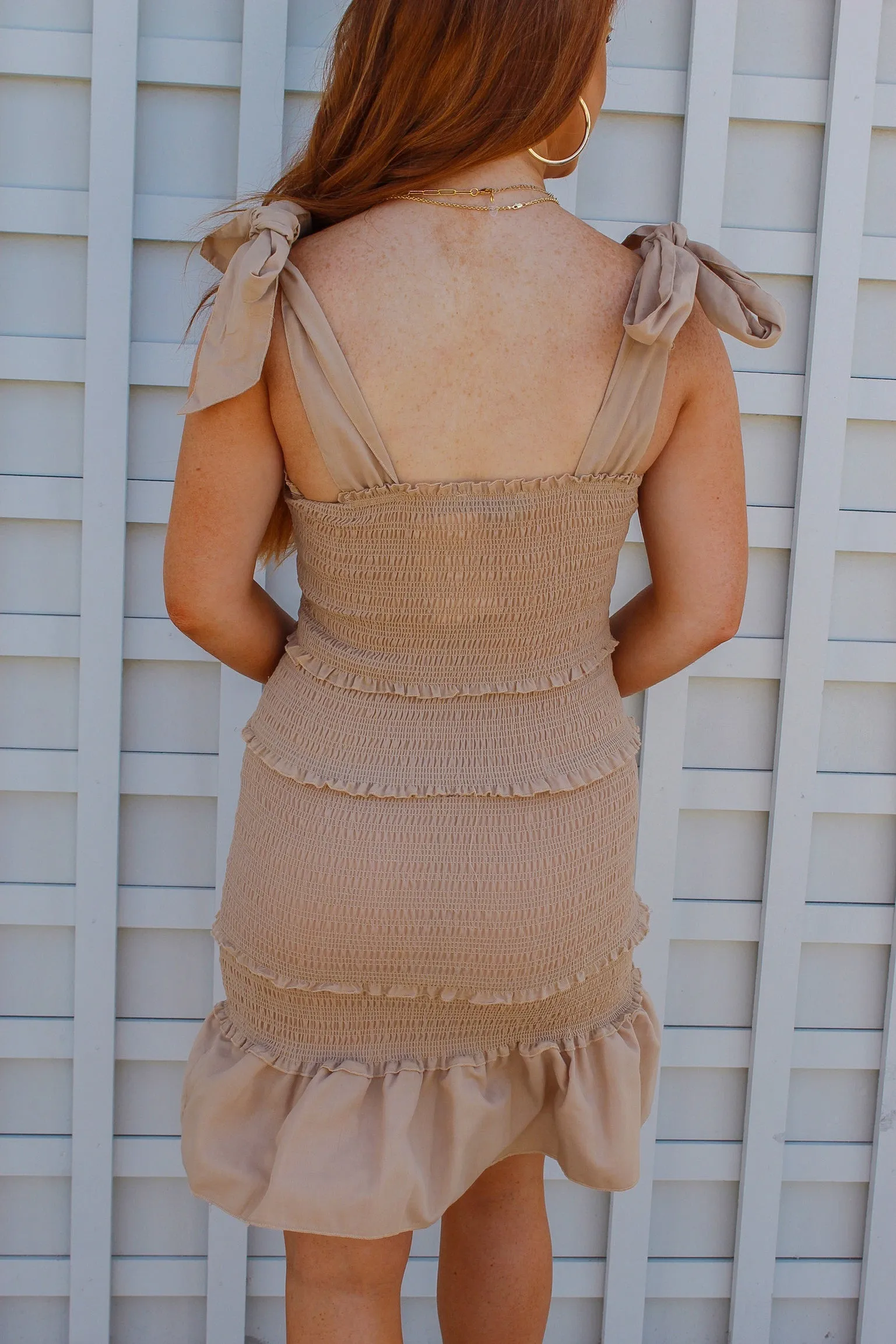 Larissa Tie Smocked Dress- Sand