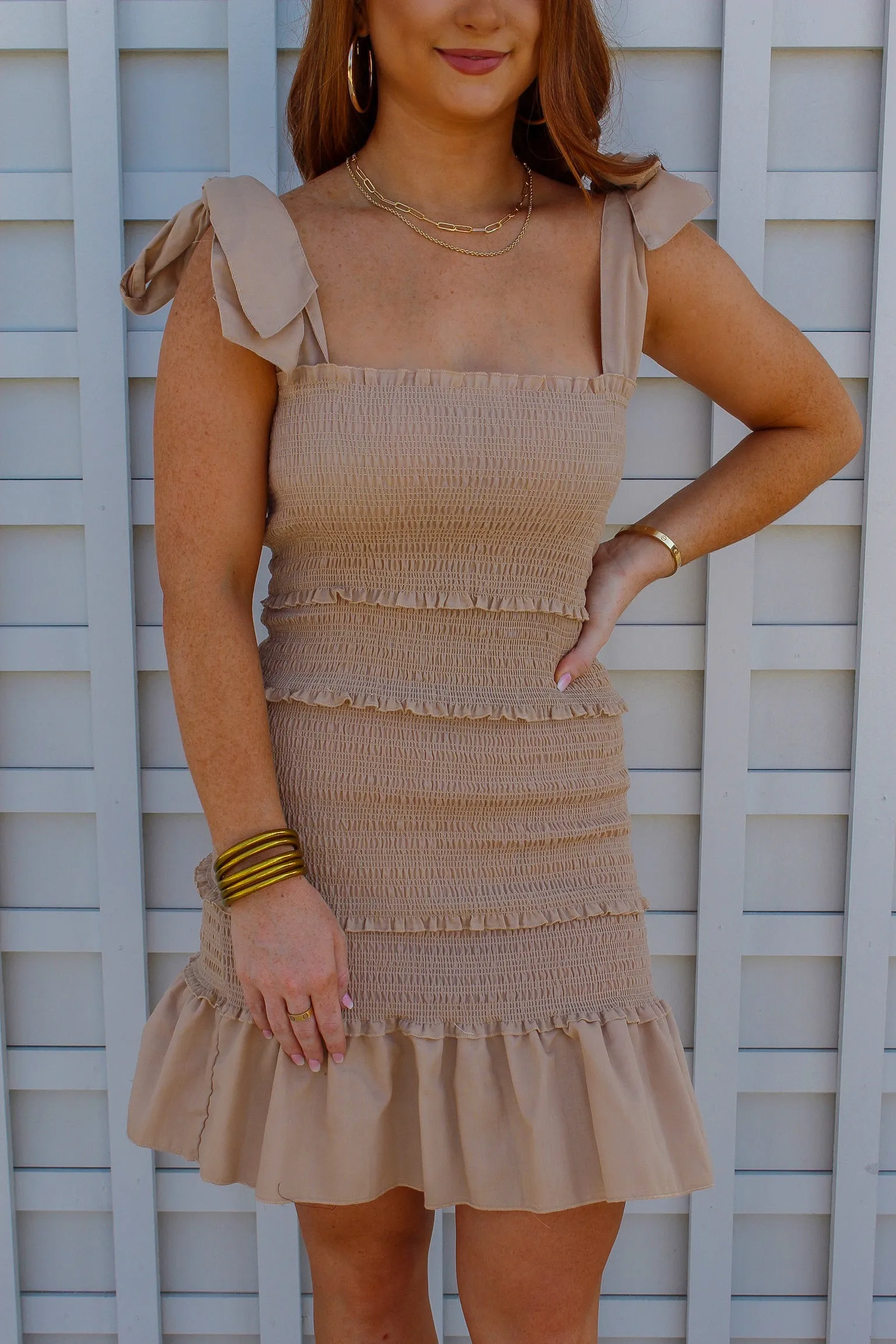 Larissa Tie Smocked Dress- Sand
