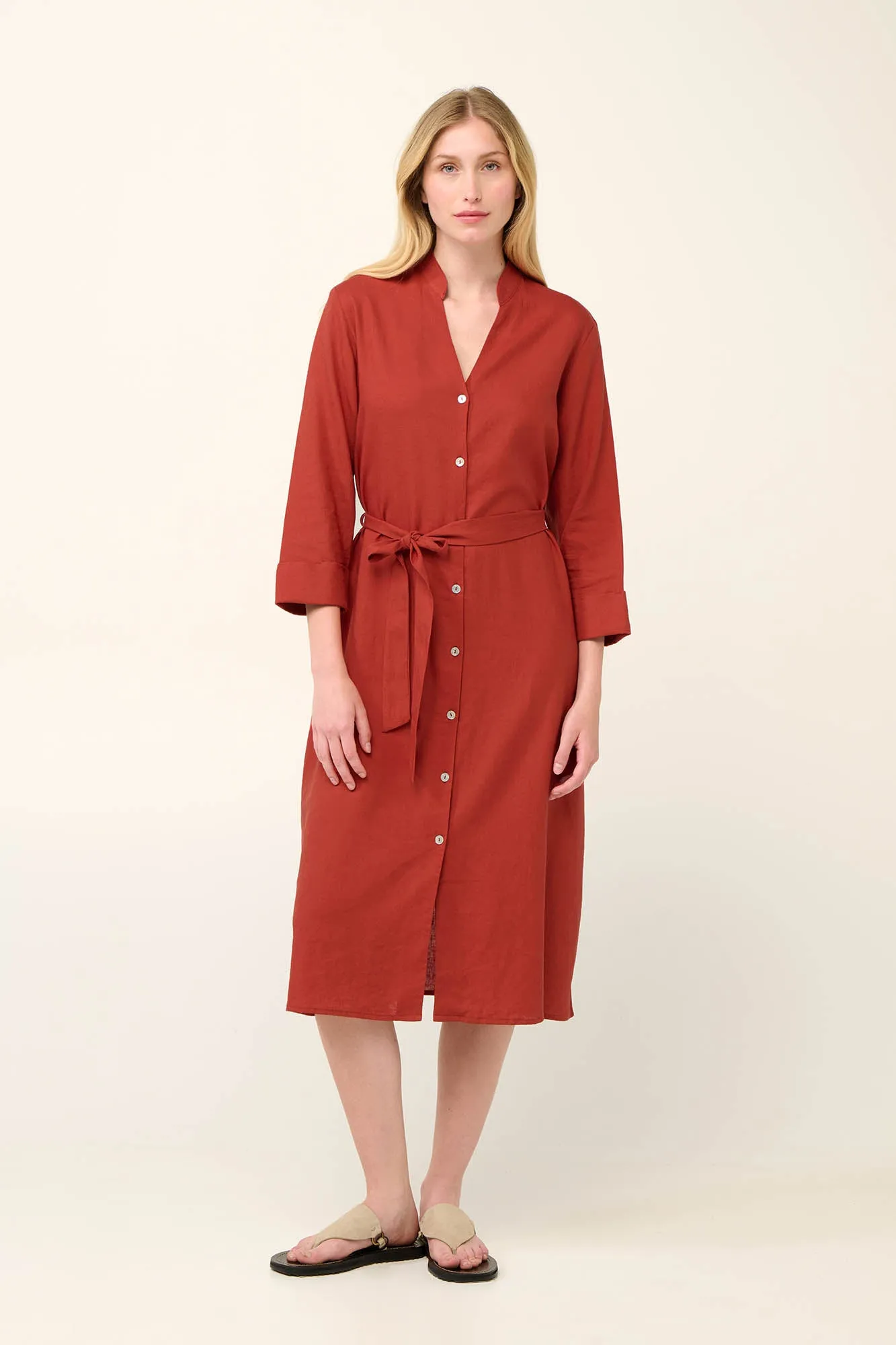 Linen Button Down Summer Dress in Red Chili By Vamp - S-2XL( )
