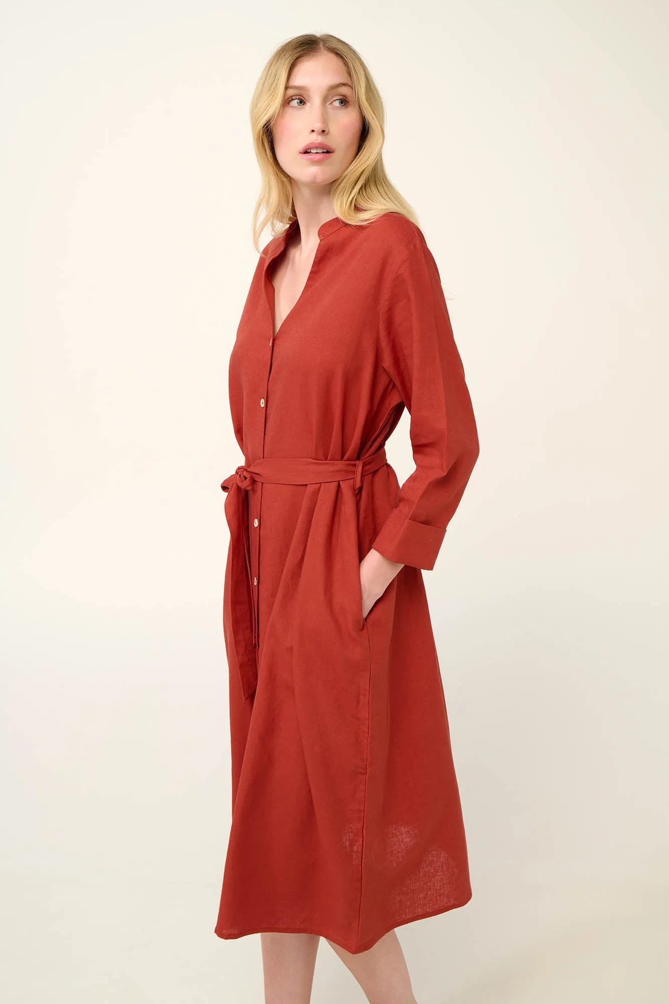 Linen Button Down Summer Dress in Red Chili By Vamp - S-2XL( )