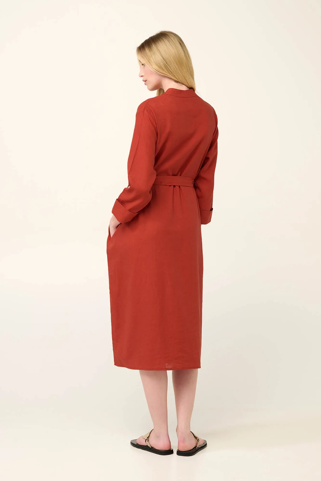 Linen Button Down Summer Dress in Red Chili By Vamp - S-2XL( )