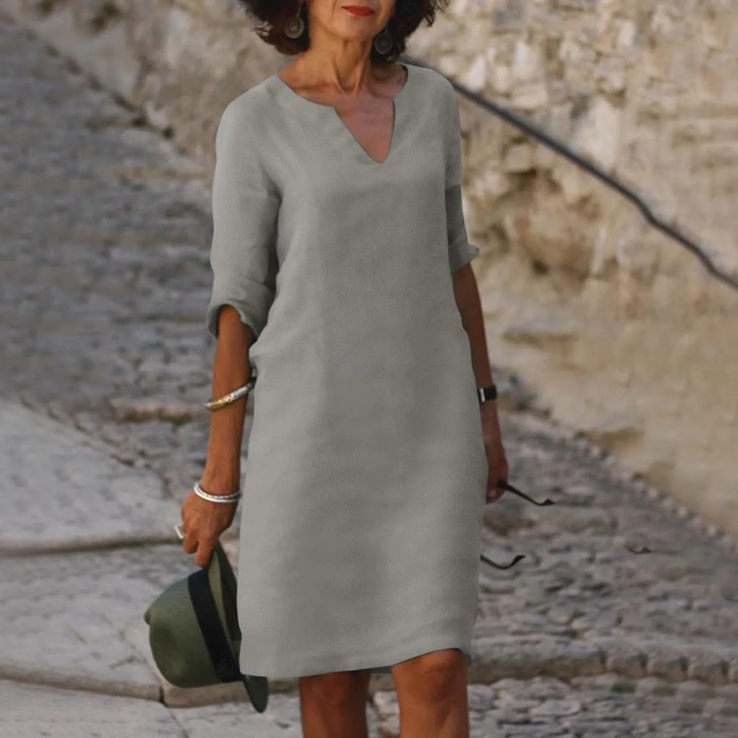 Linen Dresses for Women 2025 Summer Casual V Neck Half Sleeve Midi Dress Spring Vacaion Clothes