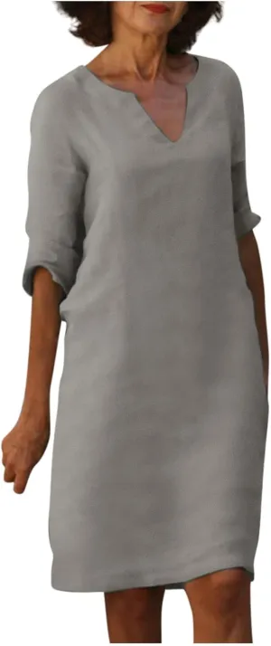 Linen Dresses for Women 2025 Summer Casual V Neck Half Sleeve Midi Dress Spring Vacaion Clothes