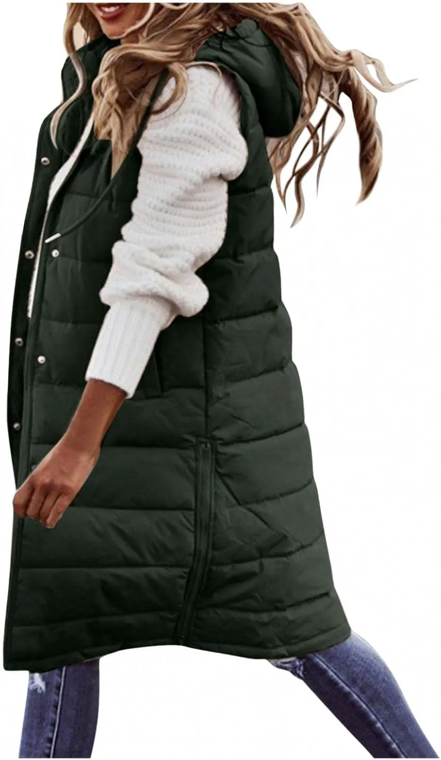 Long Puffer Vest for Women Long Vest Jacket Full Zipper Hoodies Sleeveless Outdoor Coats Lightweight Windbreakers