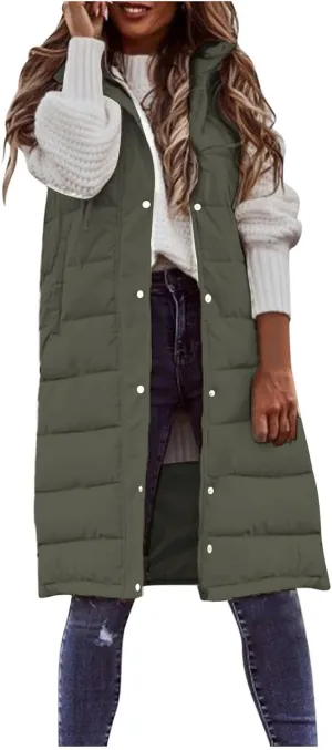 Long Puffer Vest for Women Long Vest Jacket Full Zipper Hoodies Sleeveless Outdoor Coats Lightweight Windbreakers