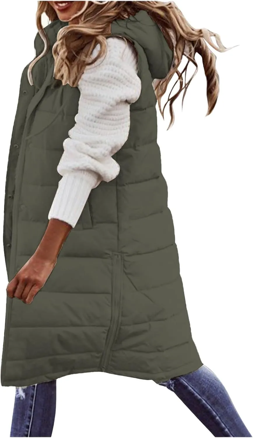 Long Puffer Vest for Women Long Vest Jacket Full Zipper Hoodies Sleeveless Outdoor Coats Lightweight Windbreakers