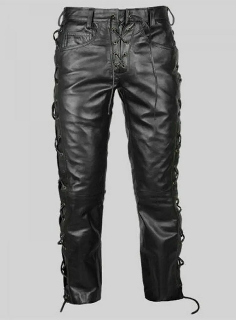 Men's Black Genuine Leather Laced up Biker trouser pants