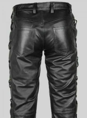 Men's Black Genuine Leather Laced up Biker trouser pants