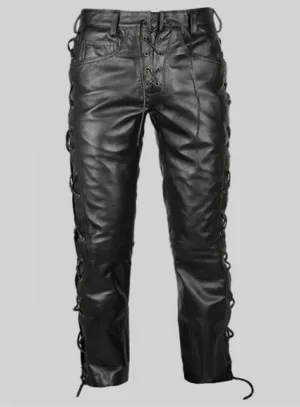 Men's Black Genuine Leather Laced up Biker trouser pants