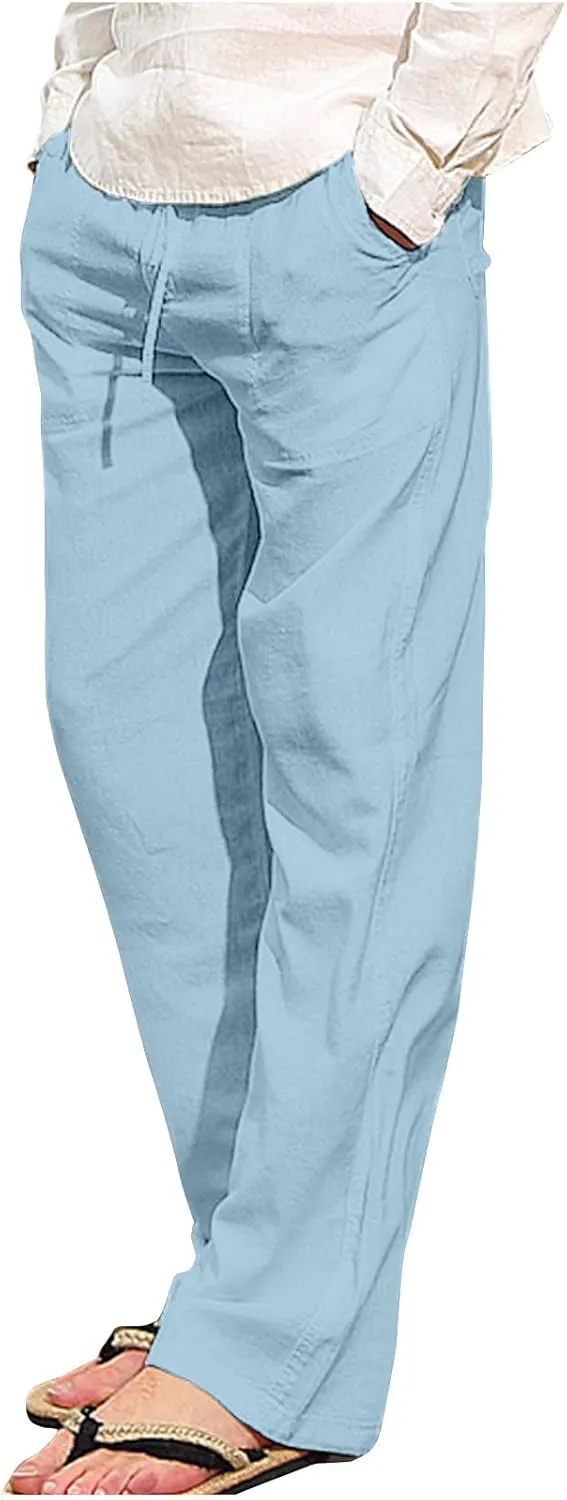 Mens Casual Linen Pants Drawstring Elastic Waist Summer Beach Pants Yoga Workout Trousers with Pockets