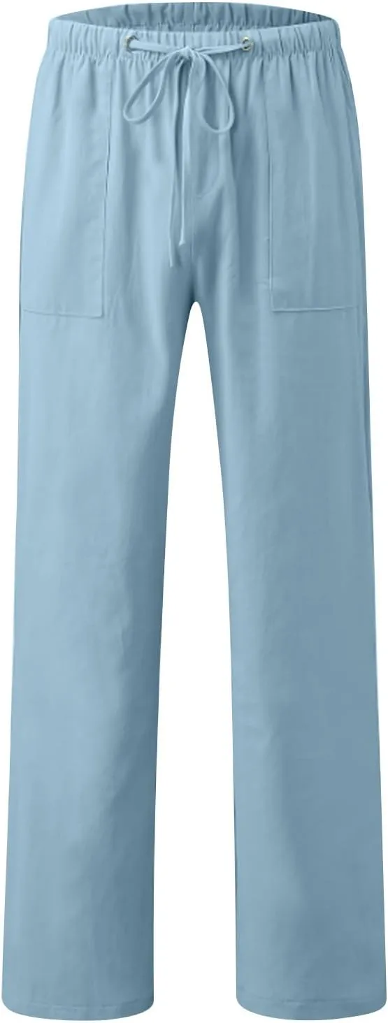 Mens Casual Linen Pants Drawstring Elastic Waist Summer Beach Pants Yoga Workout Trousers with Pockets