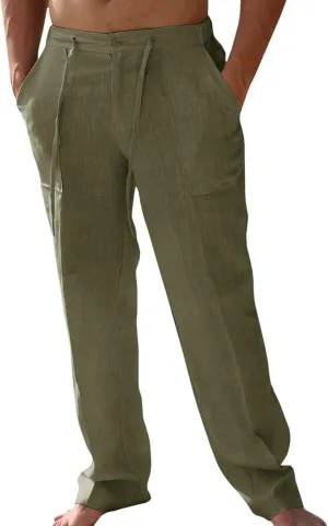 Men's Casual Linen Patch Bag Loose Drawstring Straight Leg Summer Beach Yoga Pants 2025