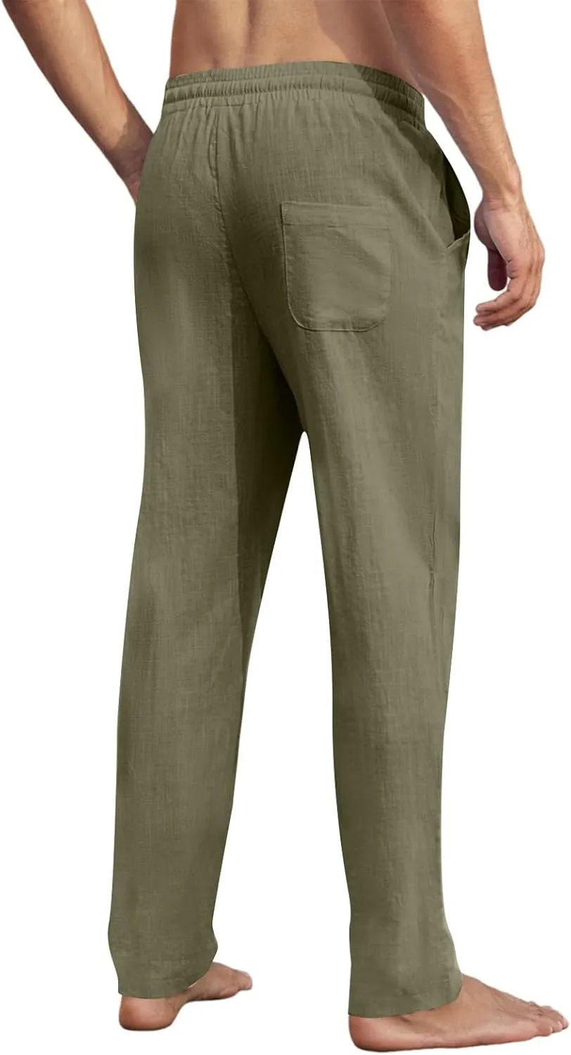 Men's Casual Linen Patch Bag Loose Drawstring Straight Leg Summer Beach Yoga Pants 2025