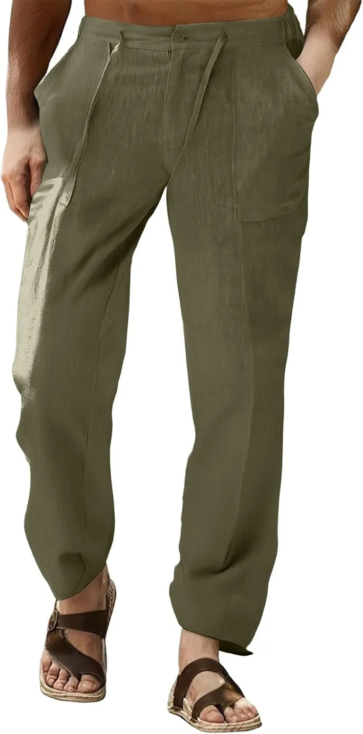 Men's Casual Linen Patch Bag Loose Drawstring Straight Leg Summer Beach Yoga Pants 2025