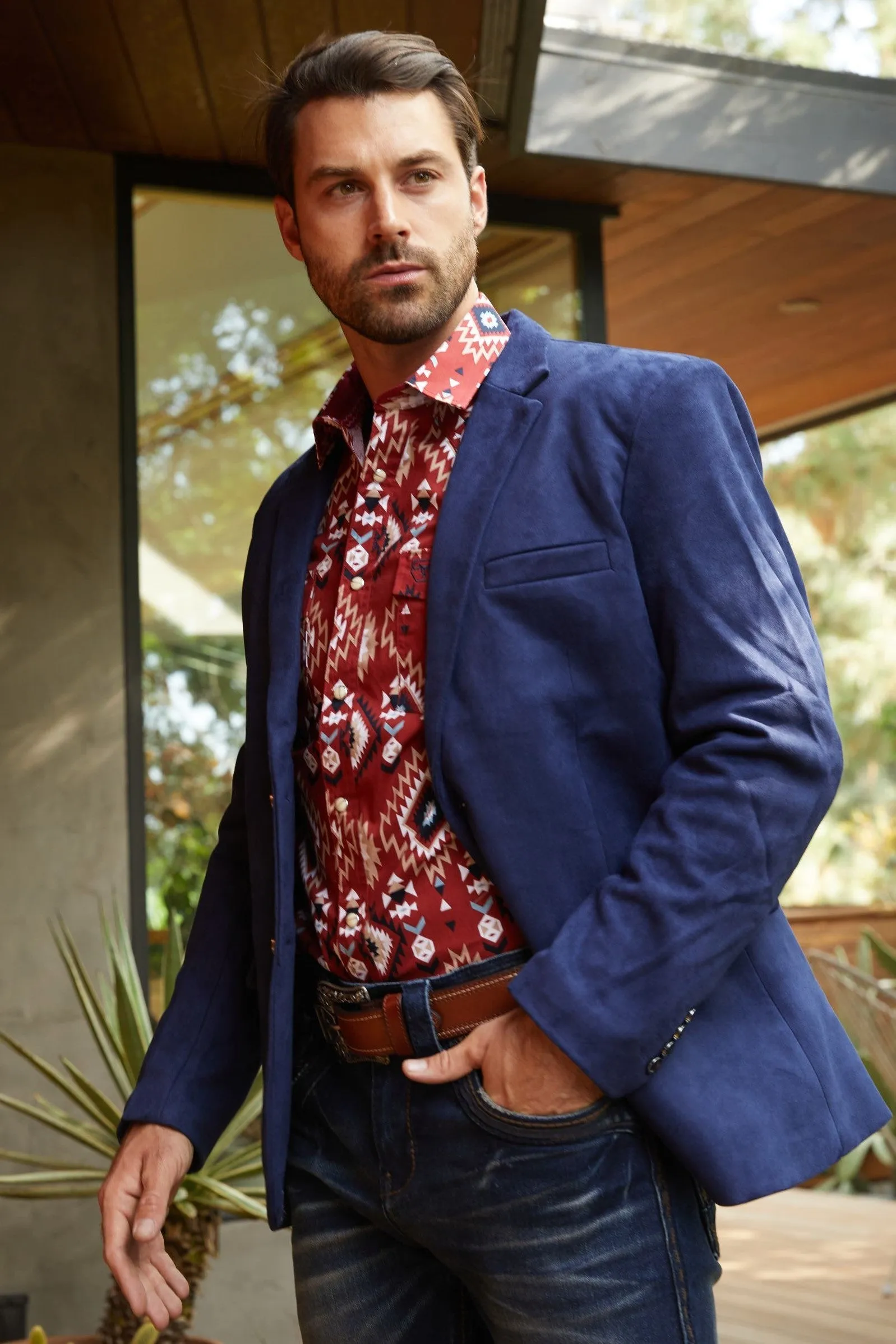 Men's Double Button Navy Faux-Suede Blazer from Platini Fashion