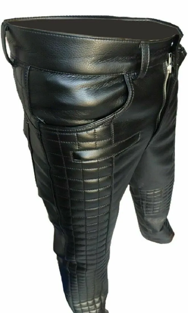 Men's Genuine Leather Quilted Biker Trouser Pants