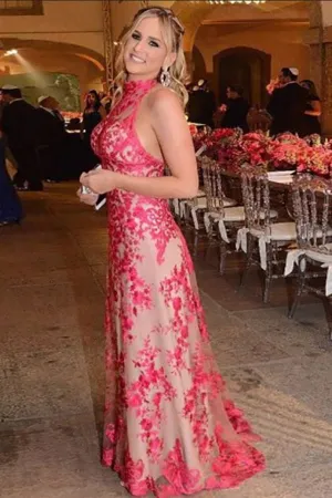 Mermaid High Neck Sweep Train Hot Pink Tulle Prom Dress with Appliques LR194