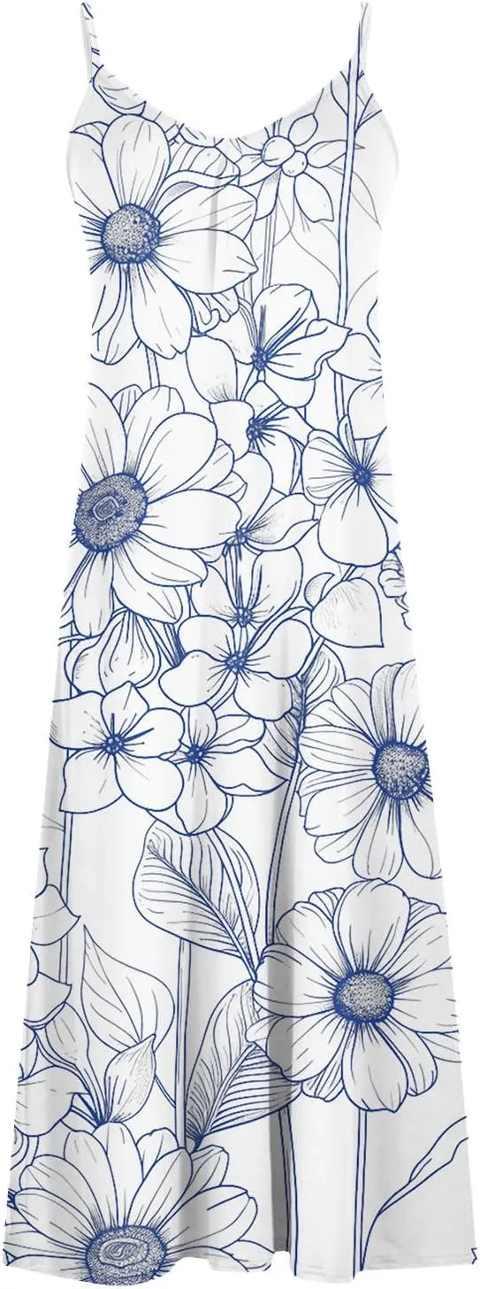 Mzkdieey Women's Sexy Maxi Long Dresses Casual Spaghetti Strap V Neck Cami Dress Plus Size Floral Print Loose Flowy Sundress