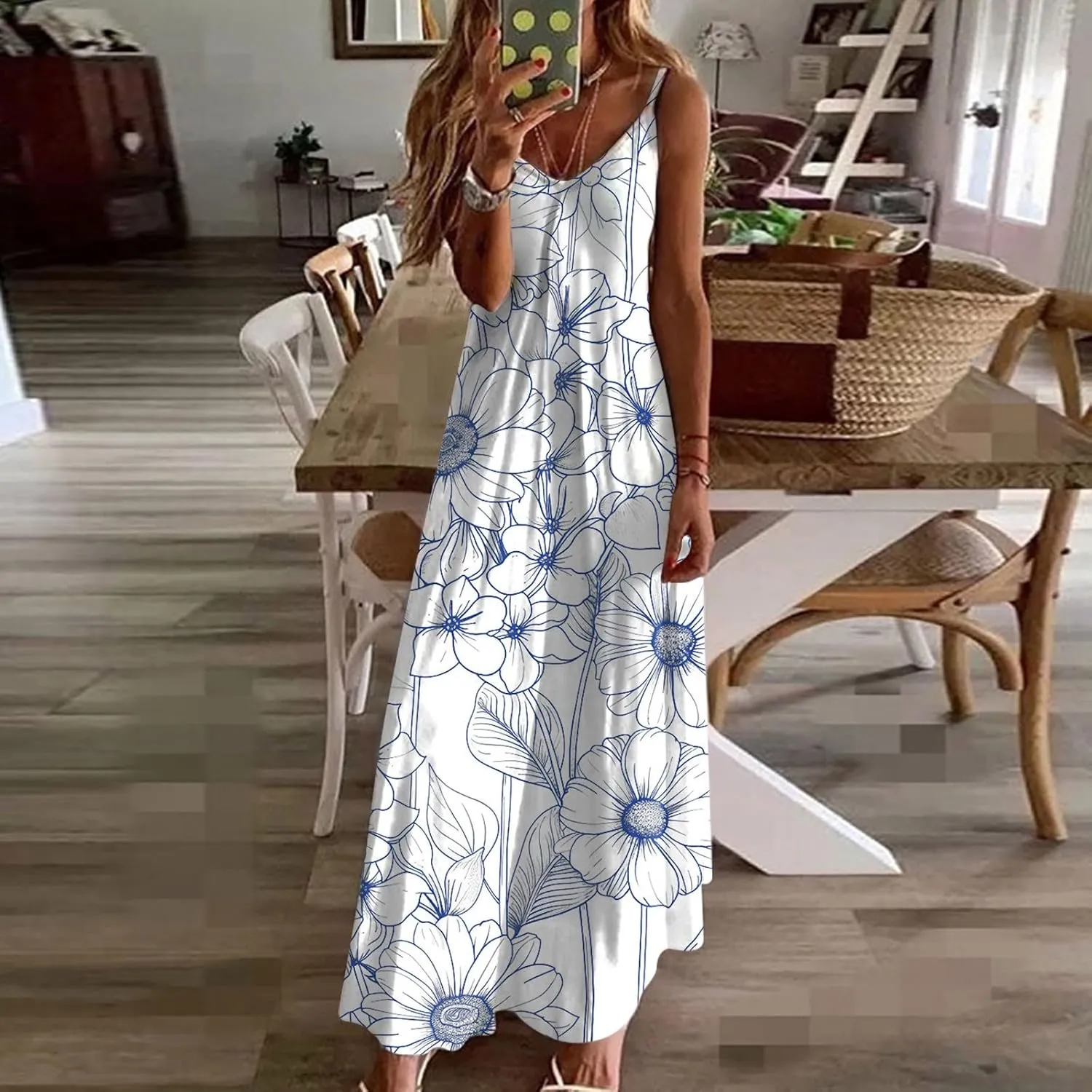 Mzkdieey Women's Sexy Maxi Long Dresses Casual Spaghetti Strap V Neck Cami Dress Plus Size Floral Print Loose Flowy Sundress