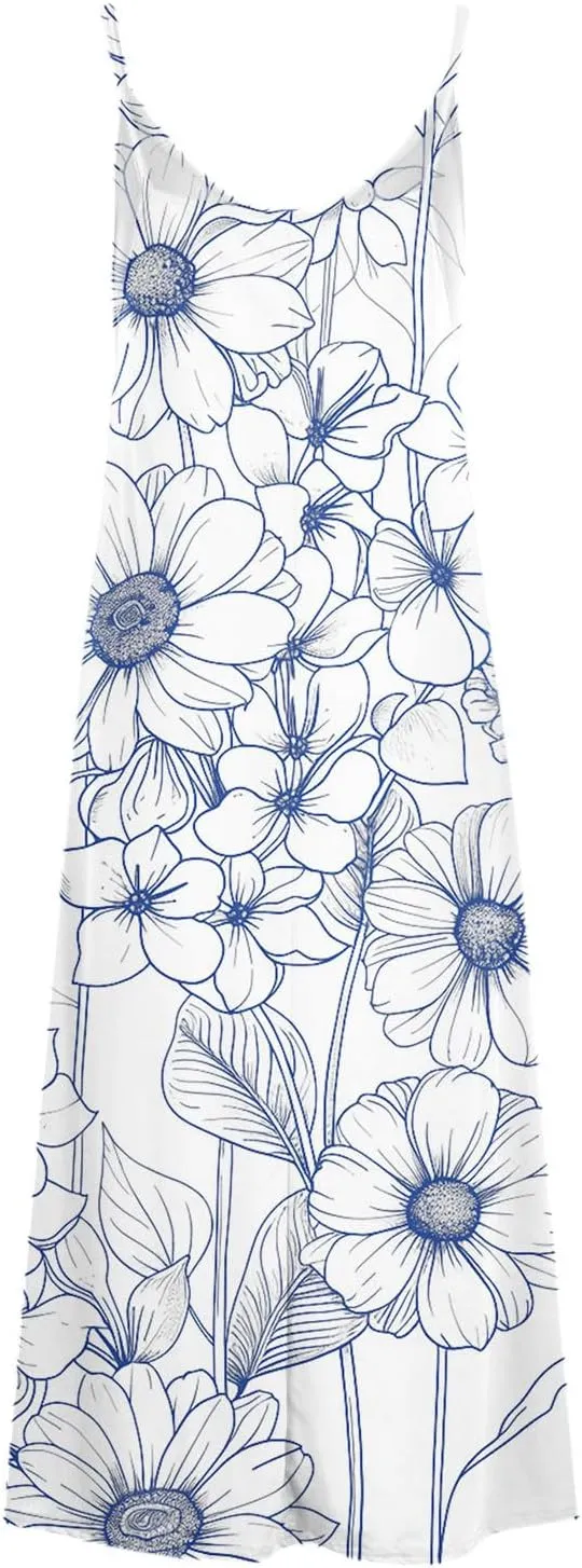 Mzkdieey Women's Sexy Maxi Long Dresses Casual Spaghetti Strap V Neck Cami Dress Plus Size Floral Print Loose Flowy Sundress