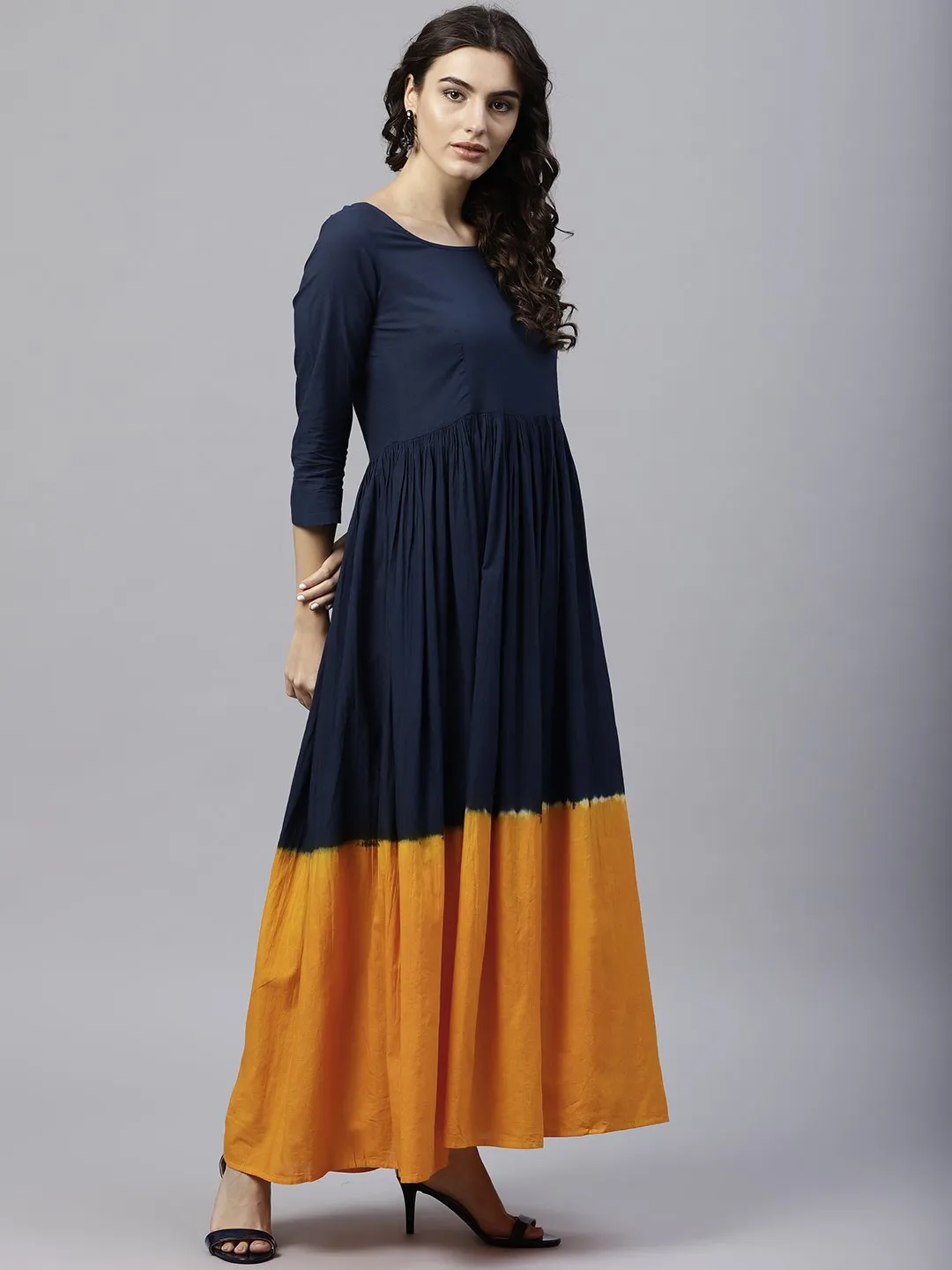 Navy Blue And Orange Ombre Dyed Maxi Dress With Round Neck And 3/4 Sleeves