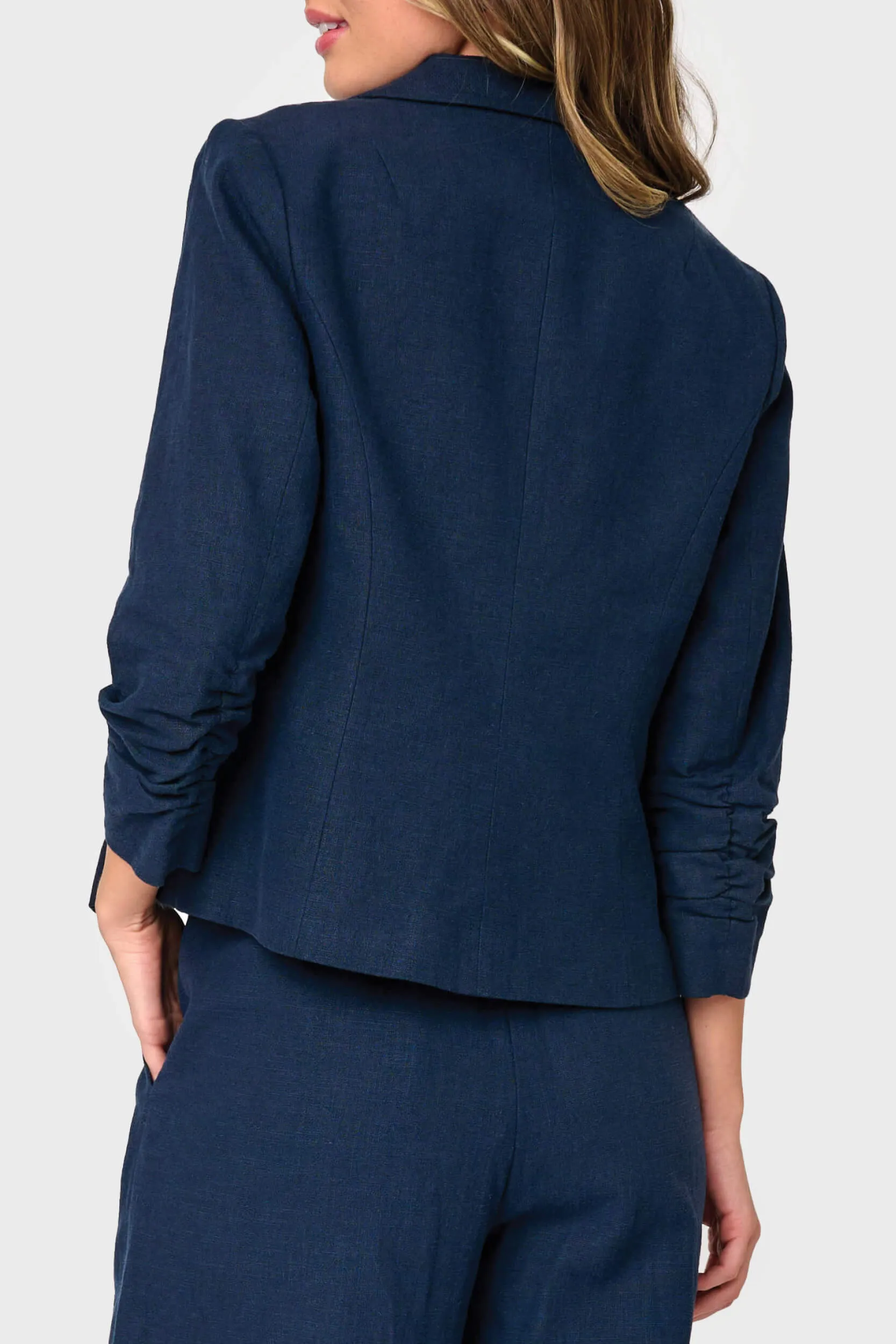 Notch Collar Linen Blazer with Rouched Sleeve