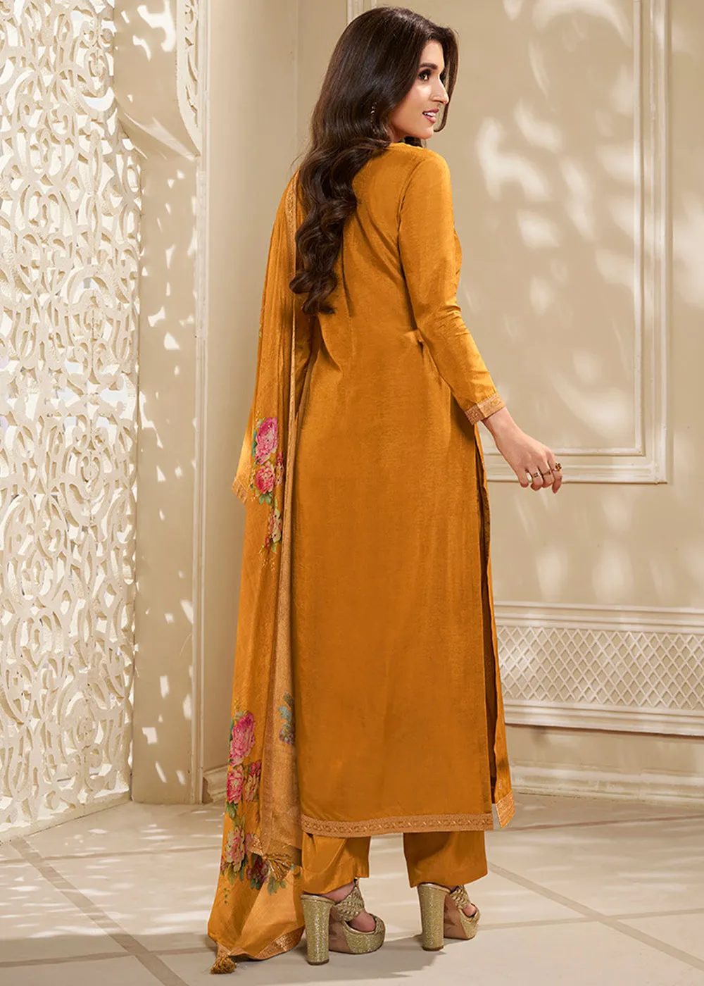 Ochre Yellow Dola Silk Suit Featuring Designer Yoke & Embellished with Zardosi Work