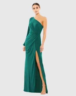 One shoulder puff sleeve wrap gown - Emerald