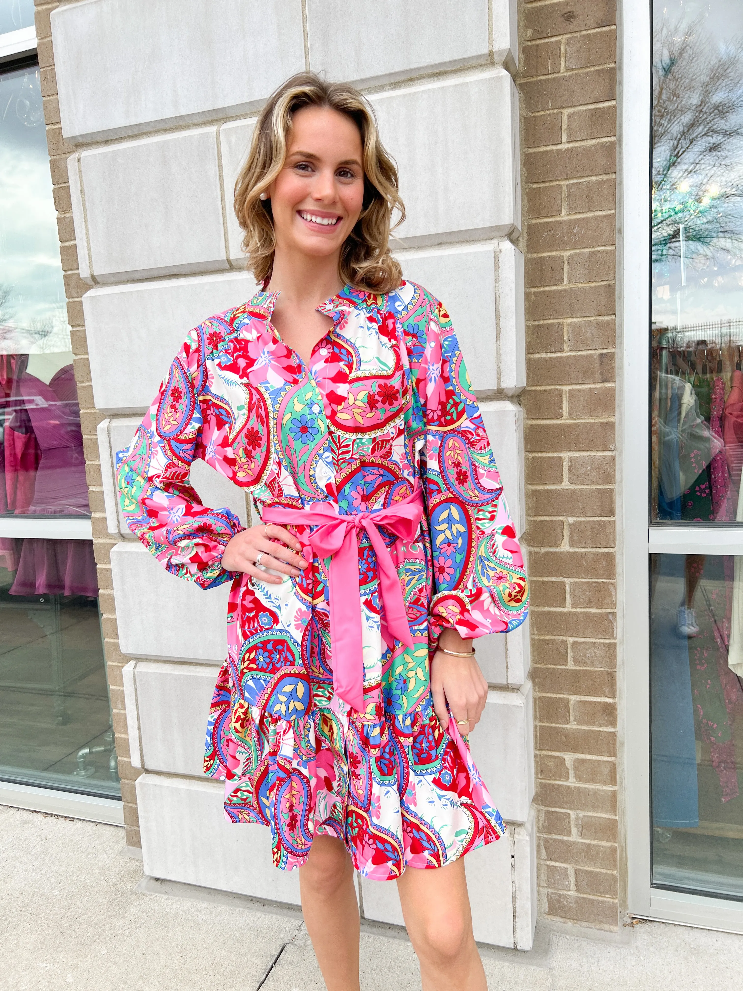 Pink/ Red Paisley Button Down W/ Tie Belt Dress