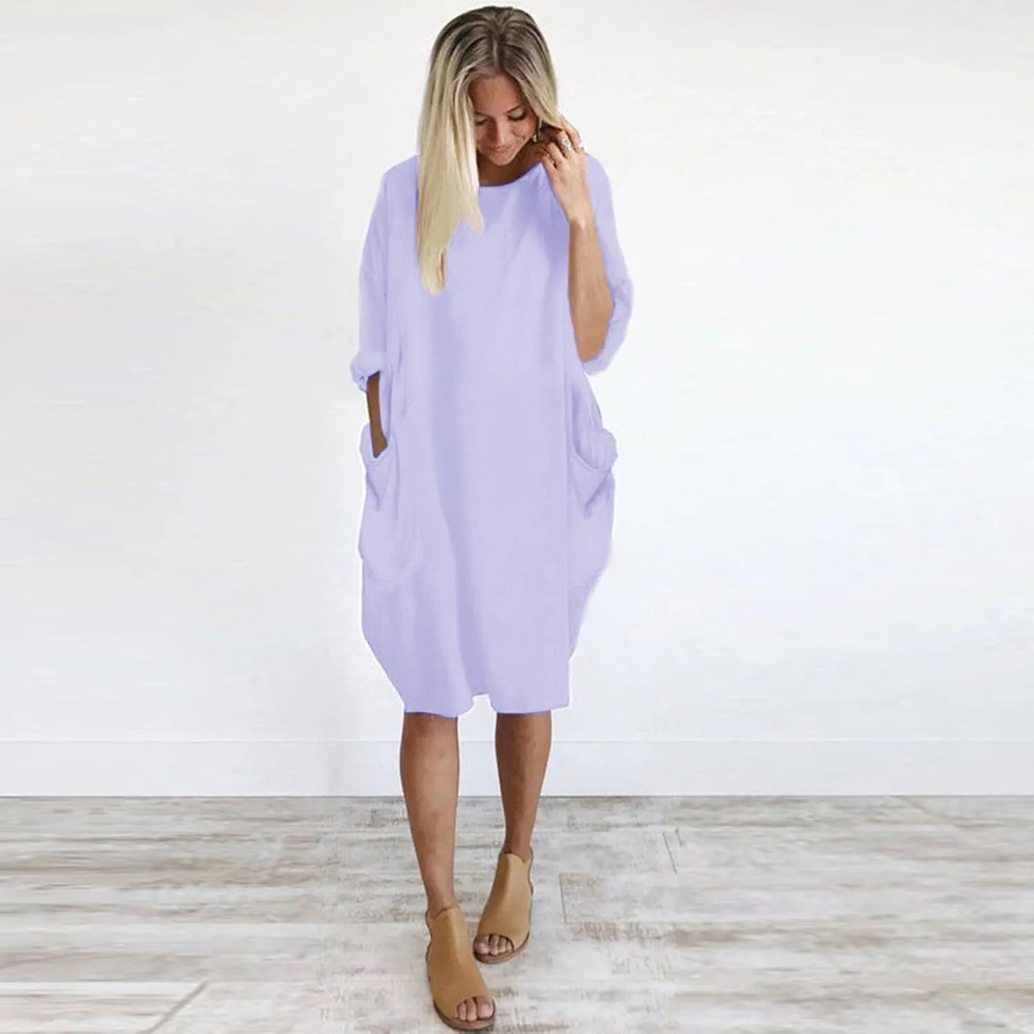 Plus Size Midi Sweater Dress for Women Long Sleeve Crewneck Knee Length Dresses with Pockets Spring Casual Sundress