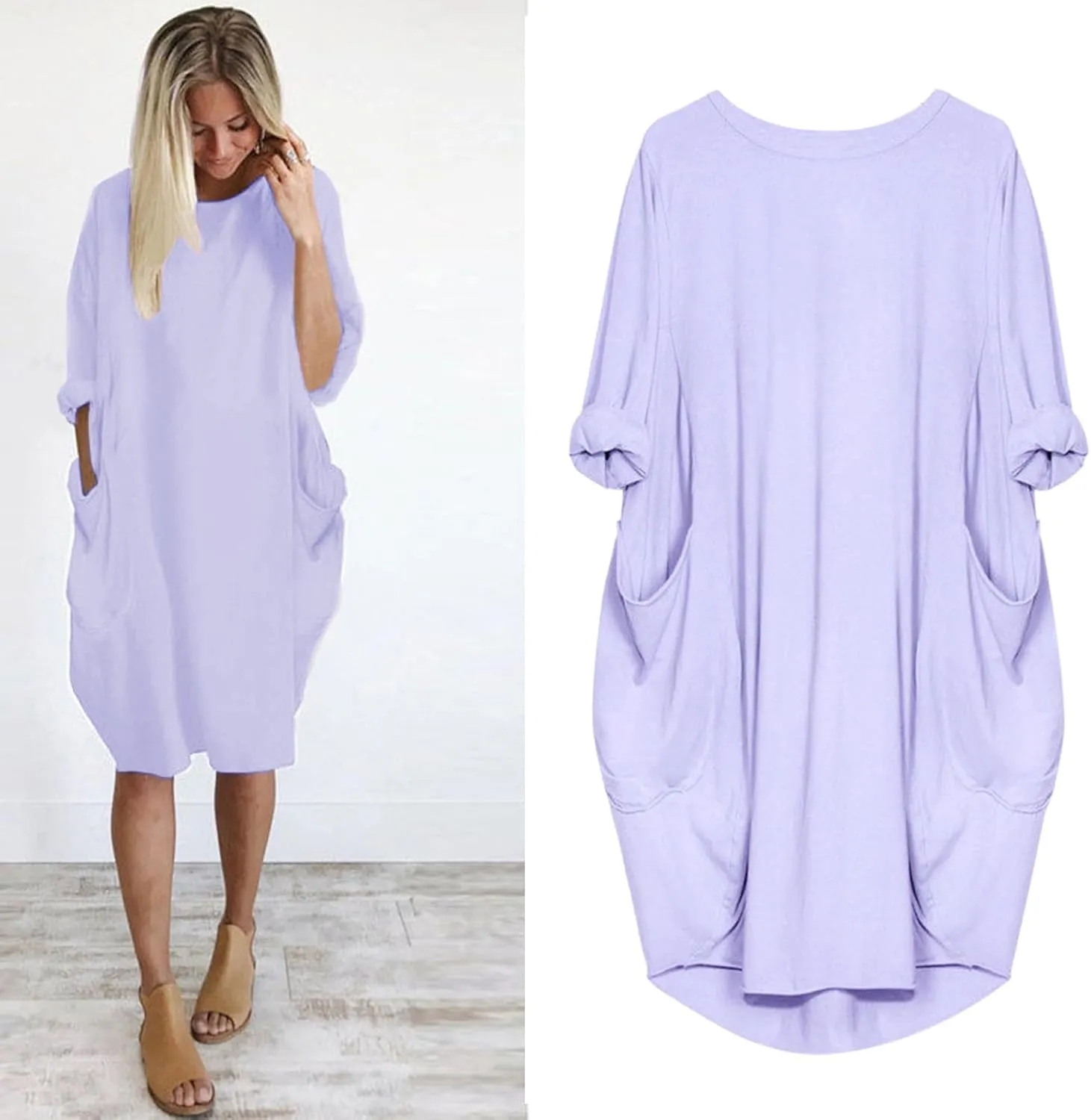 Plus Size Midi Sweater Dress for Women Long Sleeve Crewneck Knee Length Dresses with Pockets Spring Casual Sundress