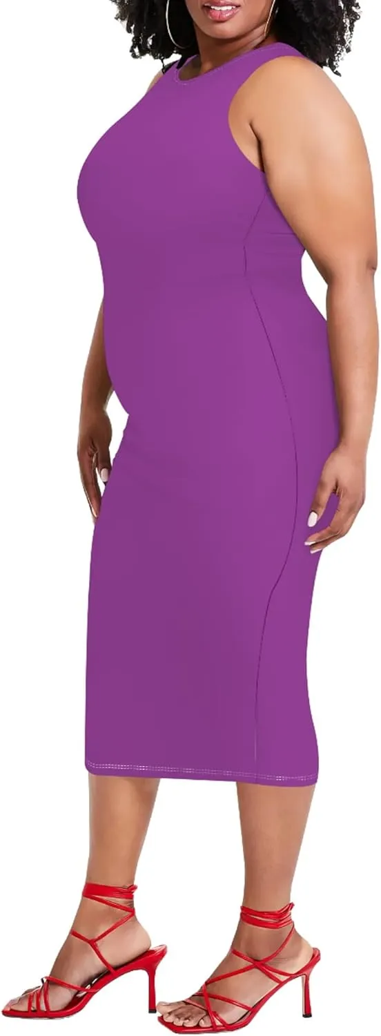 Plus Size Sexy Bodycon Midi Dress for Women Summer Business Casual Tank Sleeveless Sundress Solid Dress XL-6XL