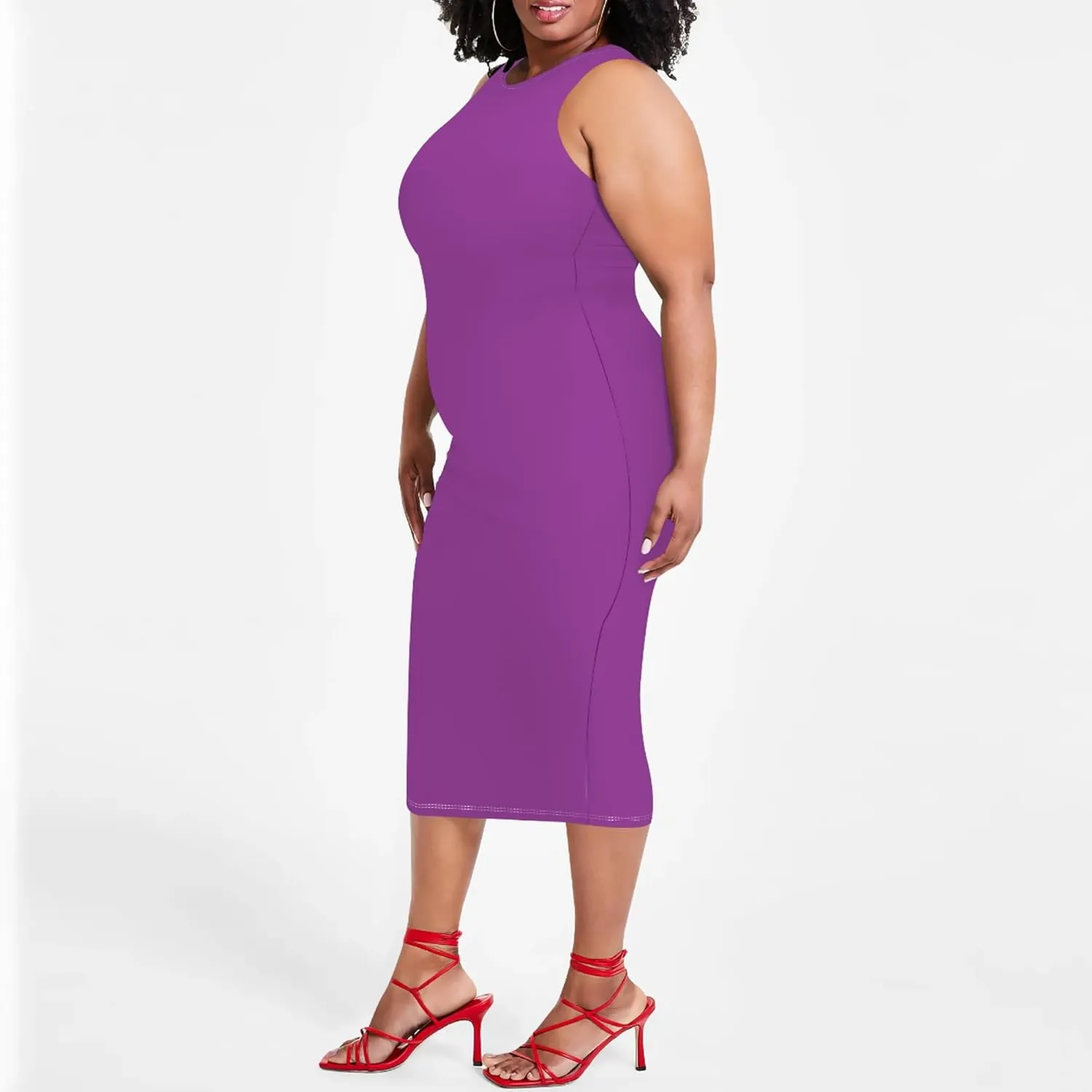 Plus Size Sexy Bodycon Midi Dress for Women Summer Business Casual Tank Sleeveless Sundress Solid Dress XL-6XL