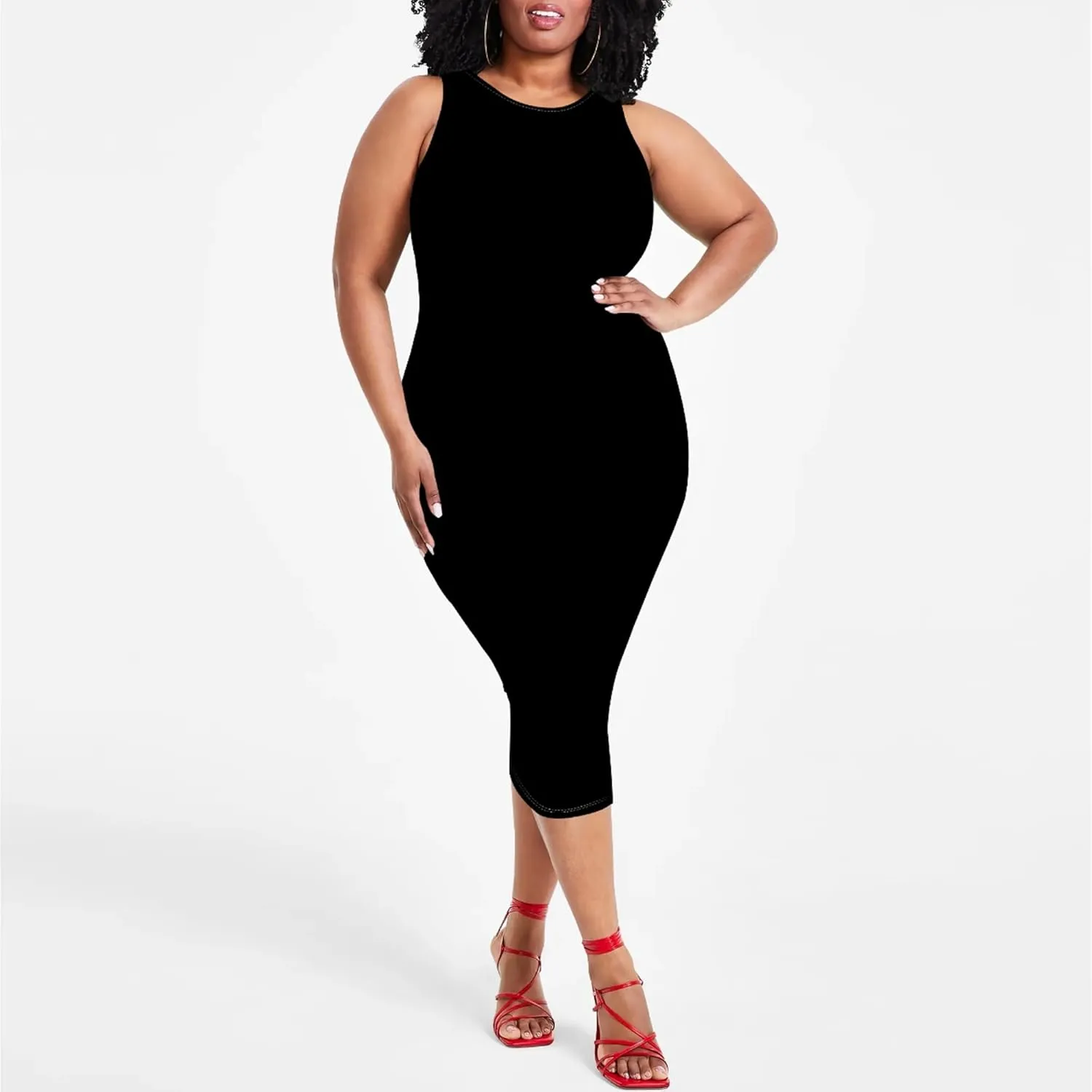 Plus Size Sexy Bodycon Midi Dress for Women Summer Business Casual Tank Sleeveless Sundress Solid Dress XL-6XL