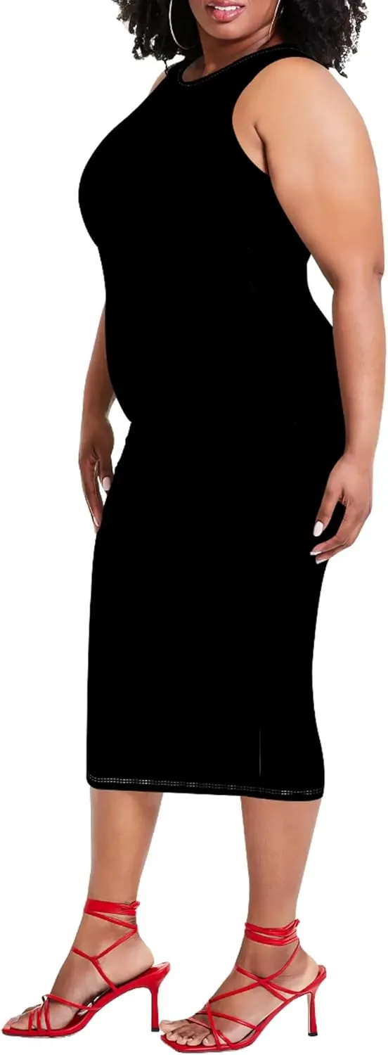 Plus Size Sexy Bodycon Midi Dress for Women Summer Business Casual Tank Sleeveless Sundress Solid Dress XL-6XL