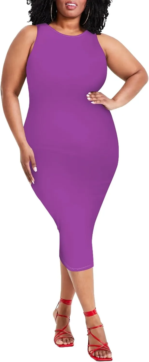 Plus Size Sexy Bodycon Midi Dress for Women Summer Business Casual Tank Sleeveless Sundress Solid Dress XL-6XL
