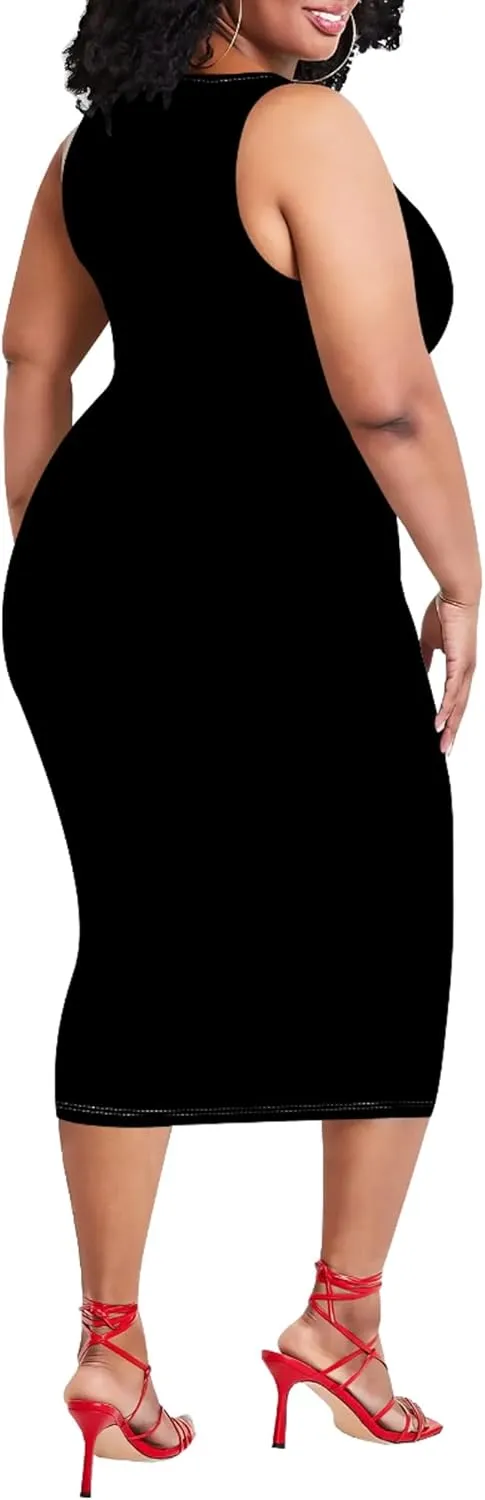 Plus Size Sexy Bodycon Midi Dress for Women Summer Business Casual Tank Sleeveless Sundress Solid Dress XL-6XL