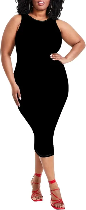 Plus Size Sexy Bodycon Midi Dress for Women Summer Business Casual Tank Sleeveless Sundress Solid Dress XL-6XL