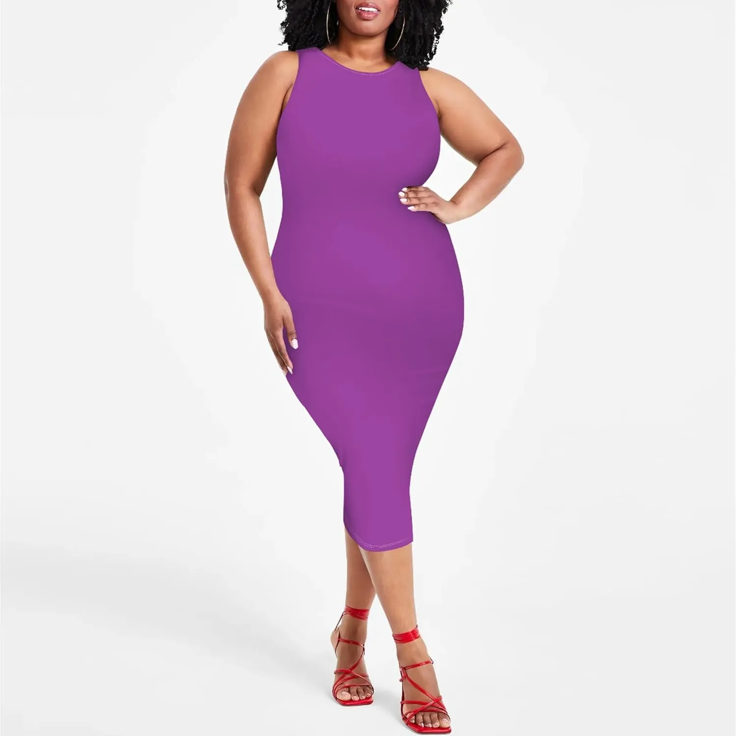 Plus Size Sexy Bodycon Midi Dress for Women Summer Business Casual Tank Sleeveless Sundress Solid Dress XL-6XL