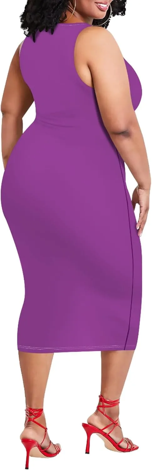 Plus Size Sexy Bodycon Midi Dress for Women Summer Business Casual Tank Sleeveless Sundress Solid Dress XL-6XL