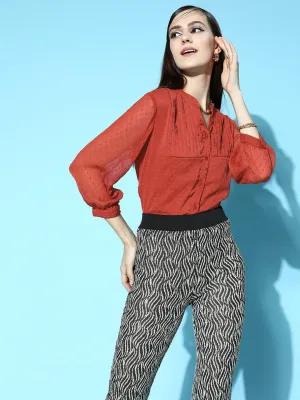 plusS Women Rust Solid Pleated Form Shirt