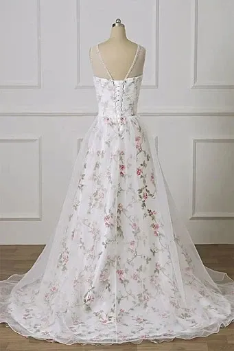 Promfast A Line Floral Appliques Pleated Off White Prom Dresses Evening Dress PFP1854